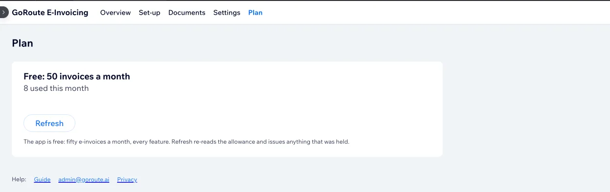 The app&rsquo;s Plan tab showing the free plan of fifty invoices a month with eight used this month, and a Refresh button that re-reads the allowance